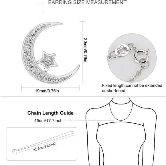 Sterling Silver Crescent Moon Star Necklace Cubic Zirconia Jewelry for Teen & Wo - Picture 8 of 9